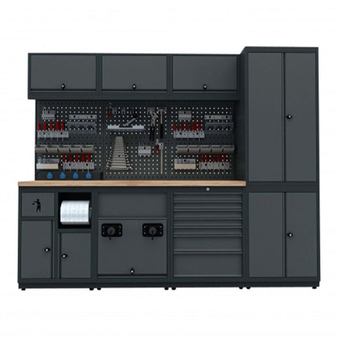 Modulárny nábytok do dielne, zostava s pracovným stolom 2,48m model D