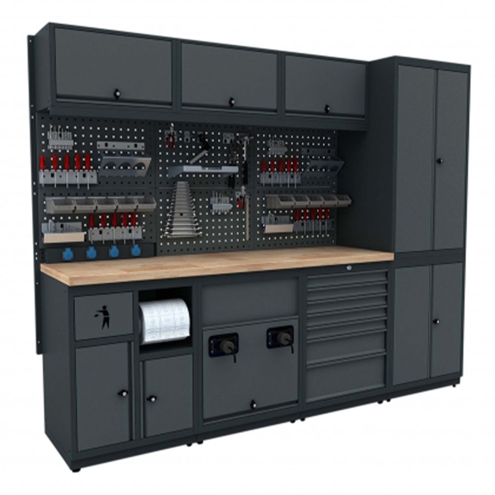 Modulárny nábytok do dielne, zostava s pracovným stolom 2,48m model D