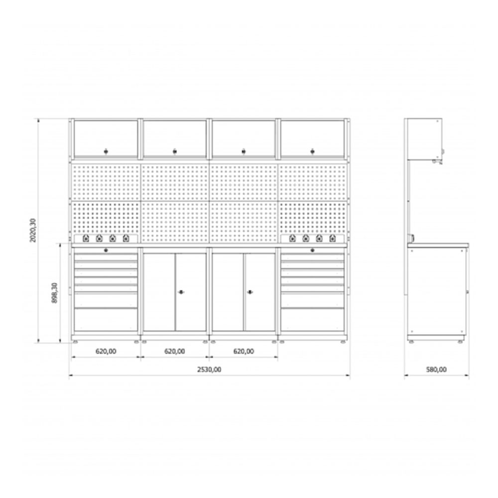 Modulárny nábytok do dielne, zostava s pracovným stolom 2,53m model E