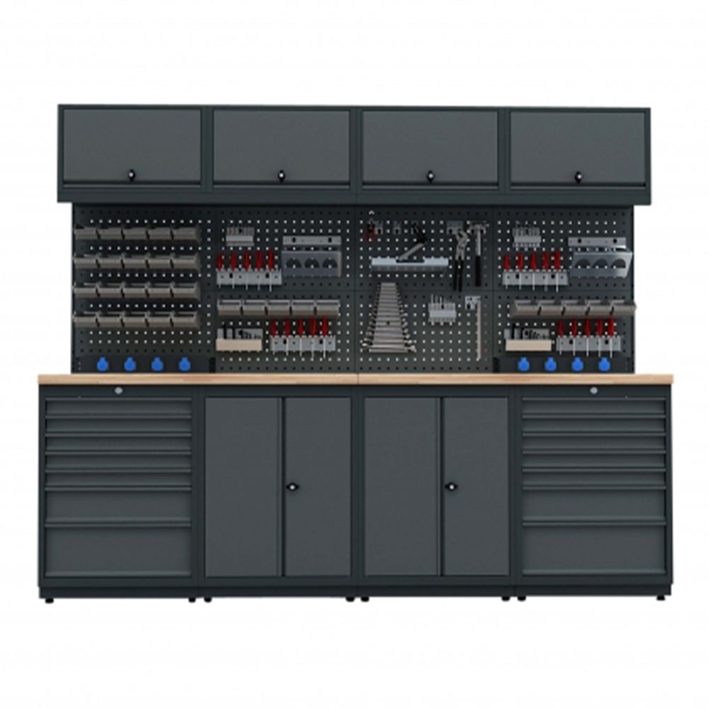 Modulárny nábytok do dielne, zostava s pracovným stolom 2,53m model E