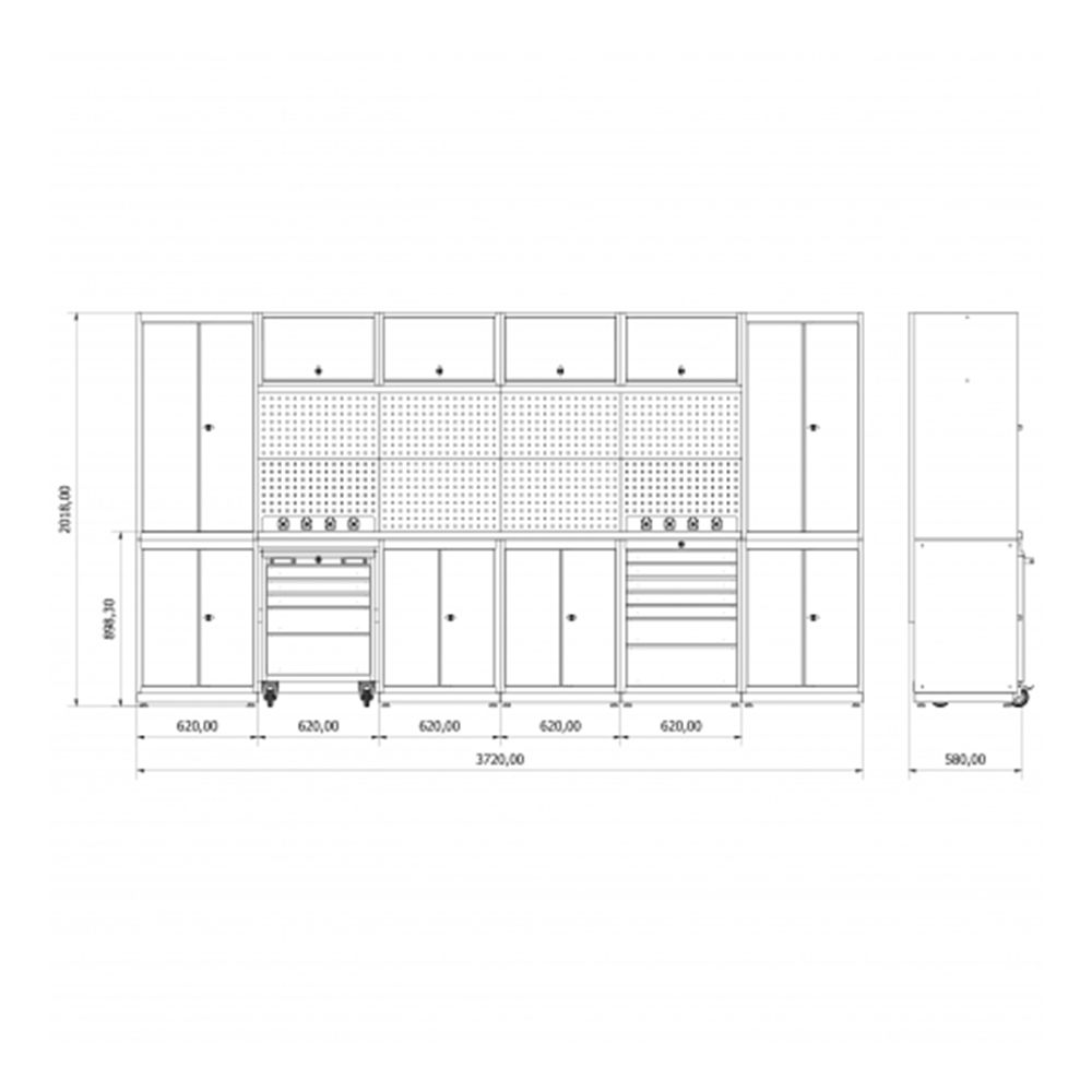 Modulárny nábytok do dielne, zostava s pracovným stolom 3,72 m model G
