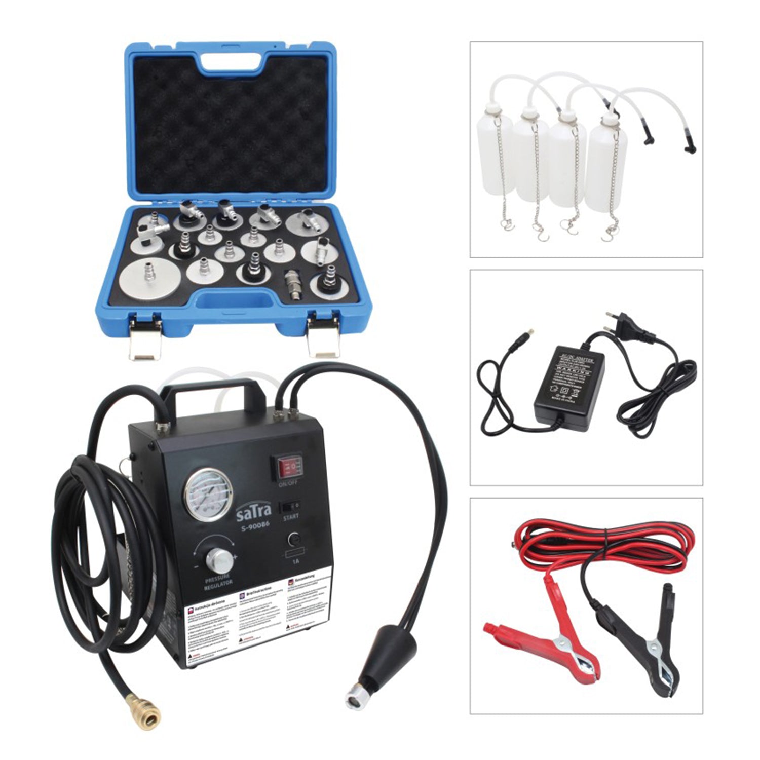 Sada na odvzdušnenie bŕzd a výmenu brzdovej kvapaliny, s adaptérmi 0,6 - 3,0 bar, 12V/230V, univerzálna pre ABS/ESP, Satra