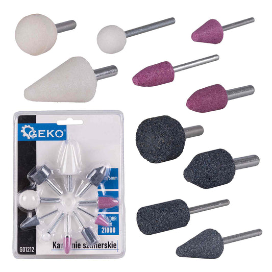 Brúsne kamene, sada 10ks, priemer 3mm a 6mm, Geko