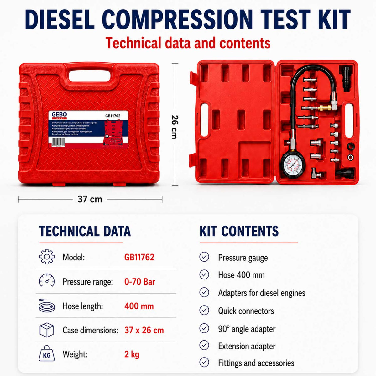 Tester kompresie - kompresiometer pre dieslové motory Gebo Tools