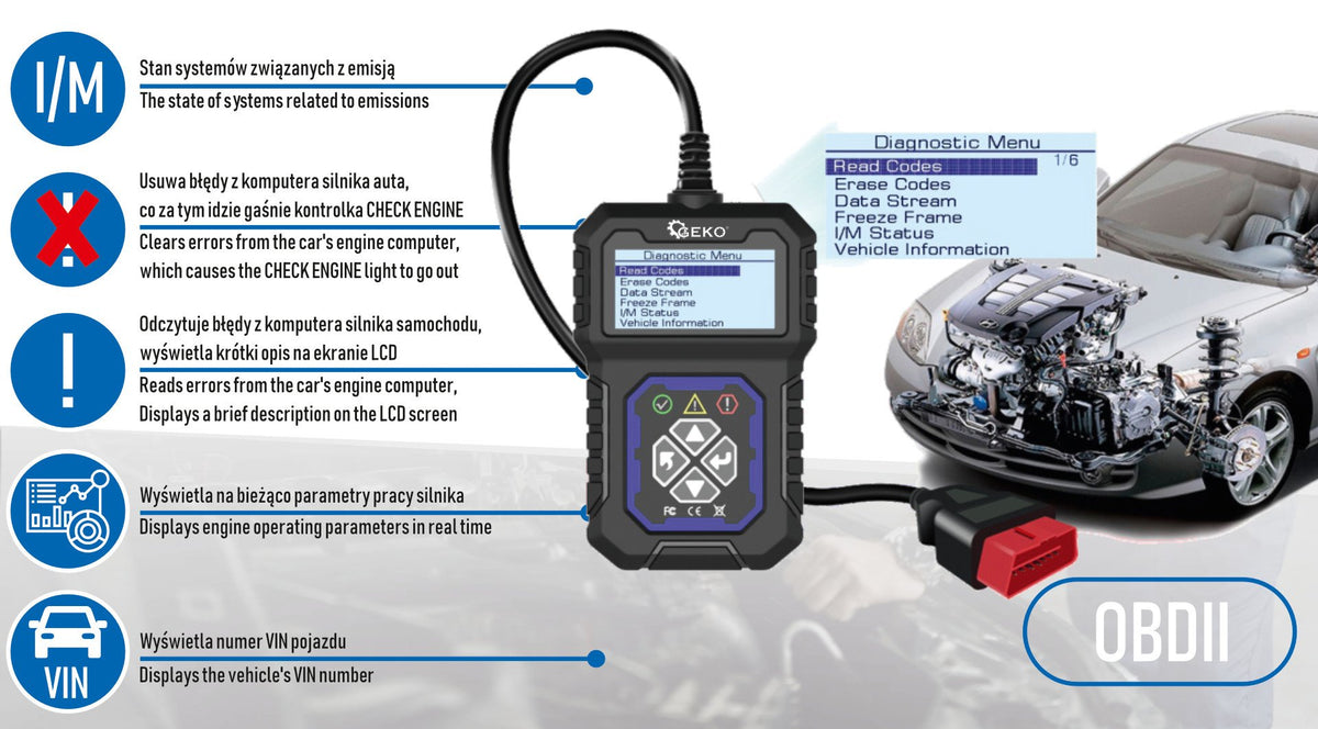Diagnostický tester OBD II s LCD displejom - čítanie a mazanie chýb check engine