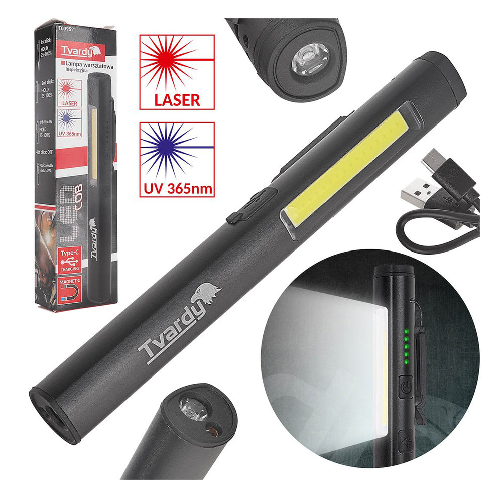 Dielenská pracovná LED COB lampa s laserom, UV svetlom a magnetom, nabíjateľná, 5W, 800mAh, 400lm