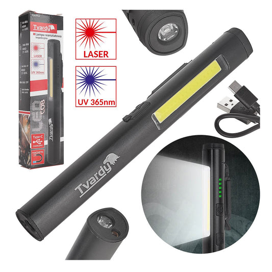 Dielenská pracovná LED COB lampa s laserom, UV svetlom a magnetom, nabíjateľná, 5W, 800mAh, 400lm