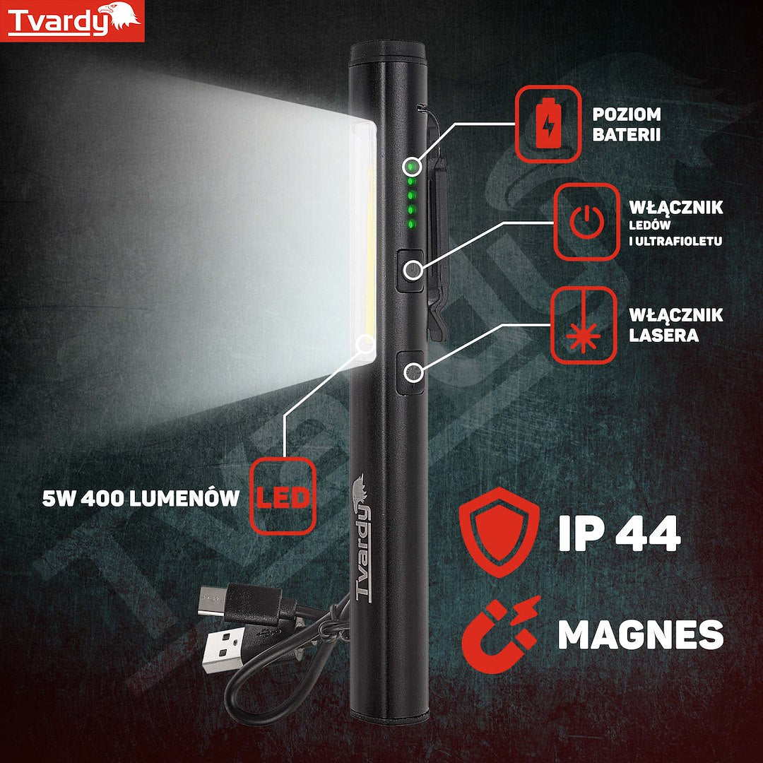 Dielenská pracovná LED COB lampa s laserom, UV svetlom a magnetom, nabíjateľná, 5W, 800mAh, 400lm