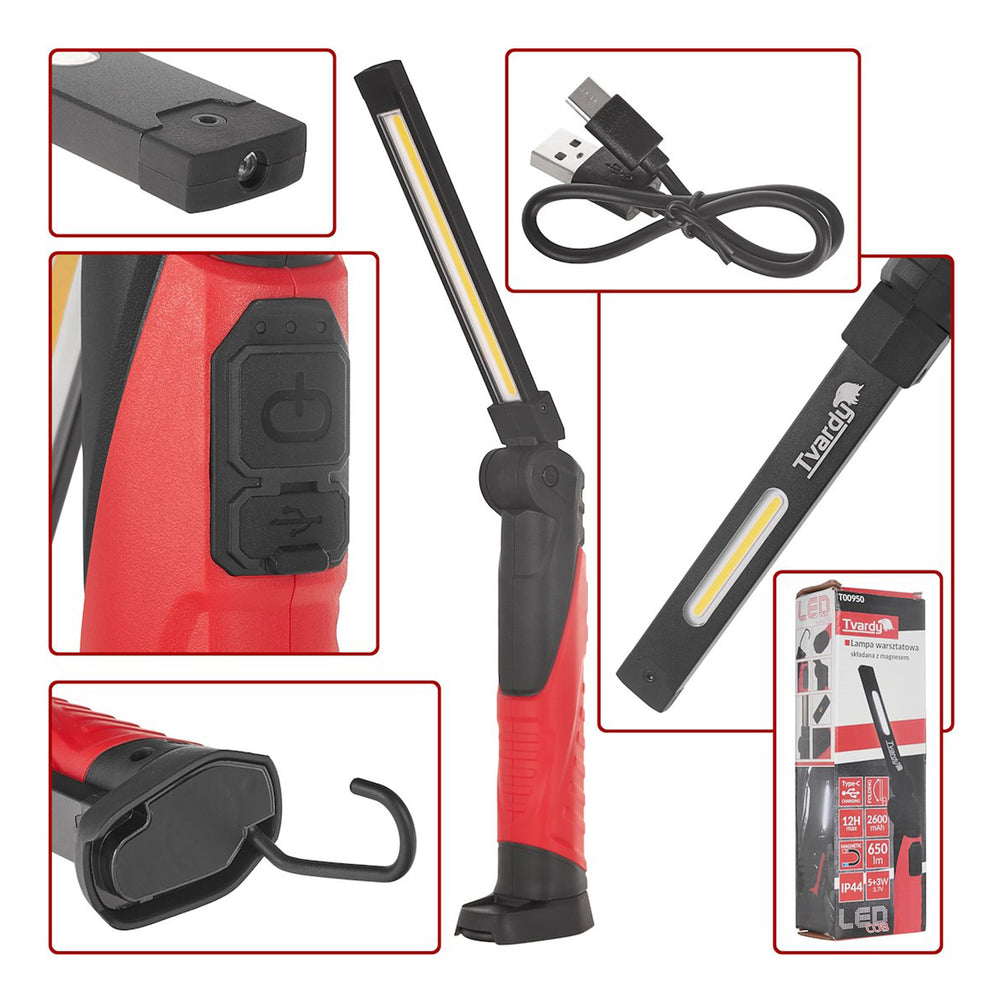 Dielenská pracovná LED COB lampa, skladacia, nabíjateľná, s magnetom a hákom, 5W, 650lm, 2600mAh