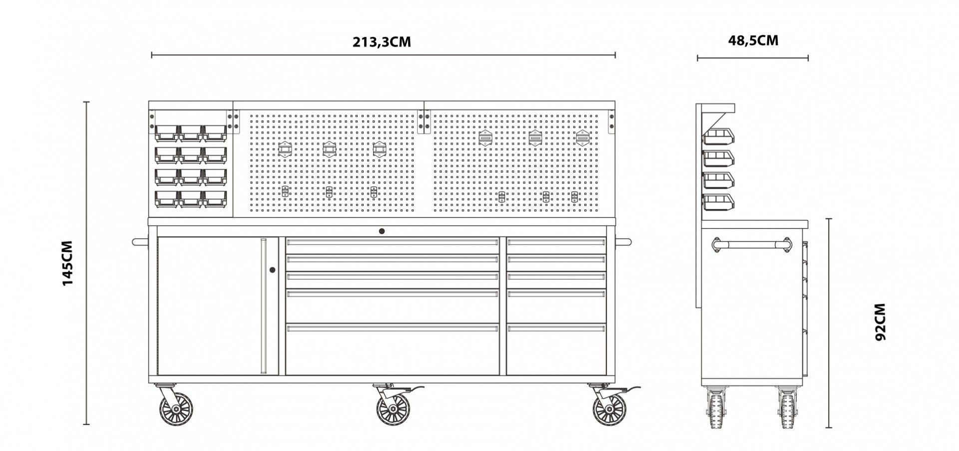 Dielenský pracovný stôl s panelom, 10 zásuviek, drevená pracovná doska 213cm, Kroftools Profesional Portugalsko