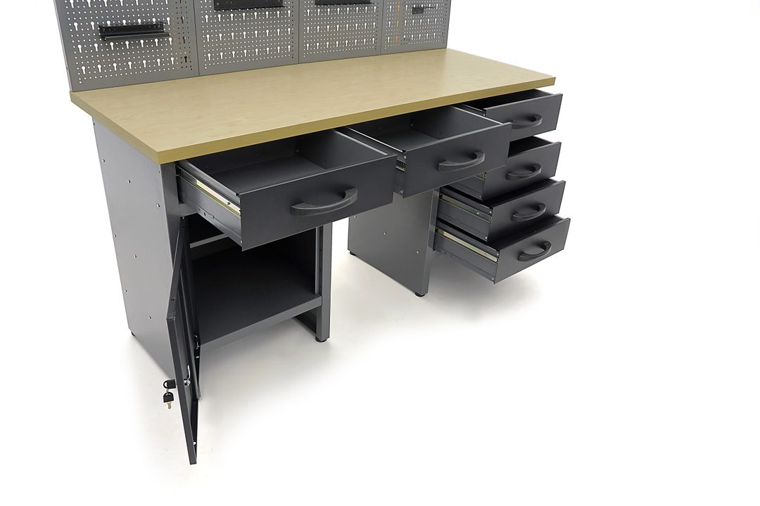 Dielenský pracovný stôl so 6 zásuvkami, panelom na náradie a skrinkami, 160cm, HBM