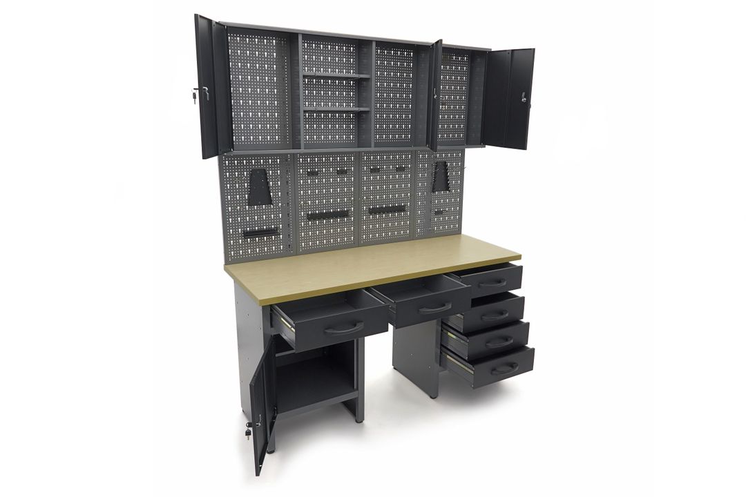 Dielenský pracovný stôl so 6 zásuvkami, panelom na náradie a skrinkami, 160cm, HBM