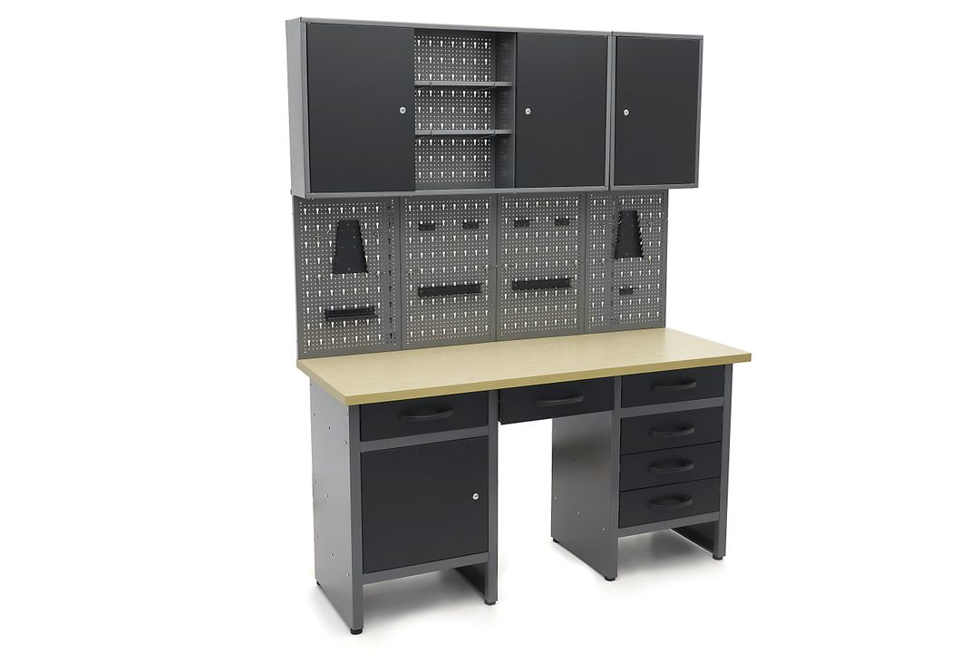 Dielenský pracovný stôl so 6 zásuvkami, panelom na náradie a skrinkami, 160cm, HBM