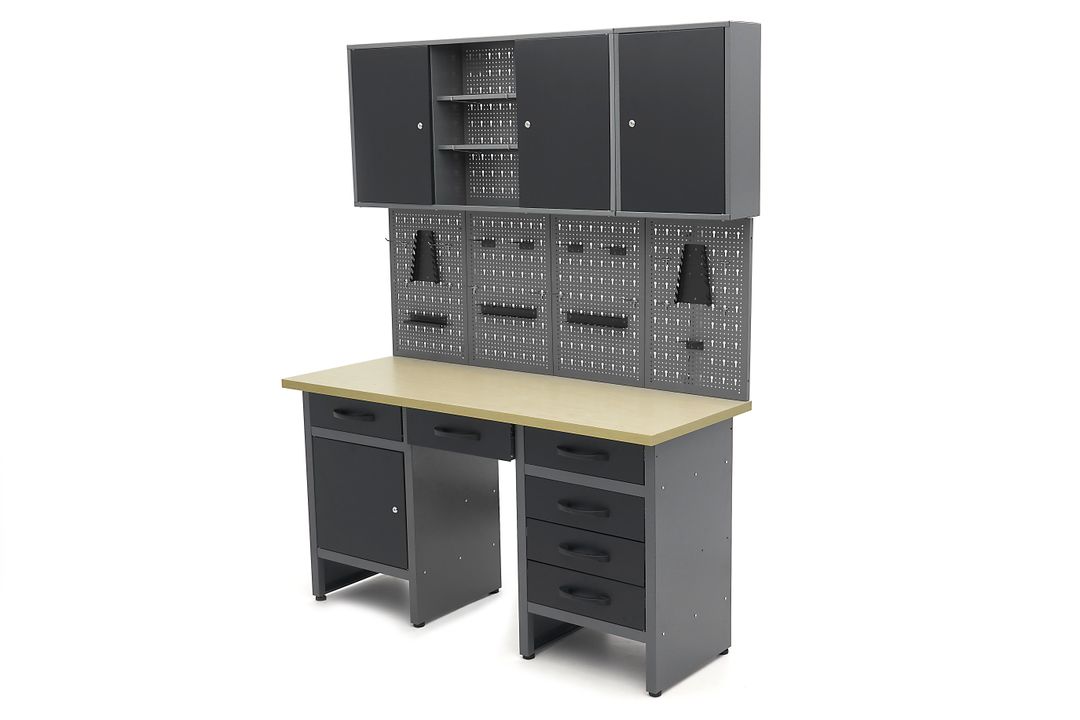 Dielenský pracovný stôl so 6 zásuvkami, panelom na náradie a skrinkami, 160cm, HBM