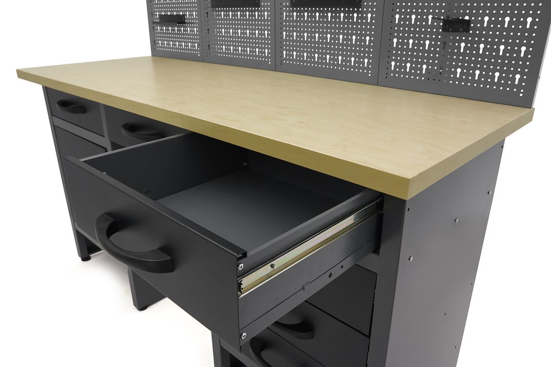 Dielenský pracovný stôl so 6 zásuvkami, panelom na náradie a skrinkami, 160cm, HBM