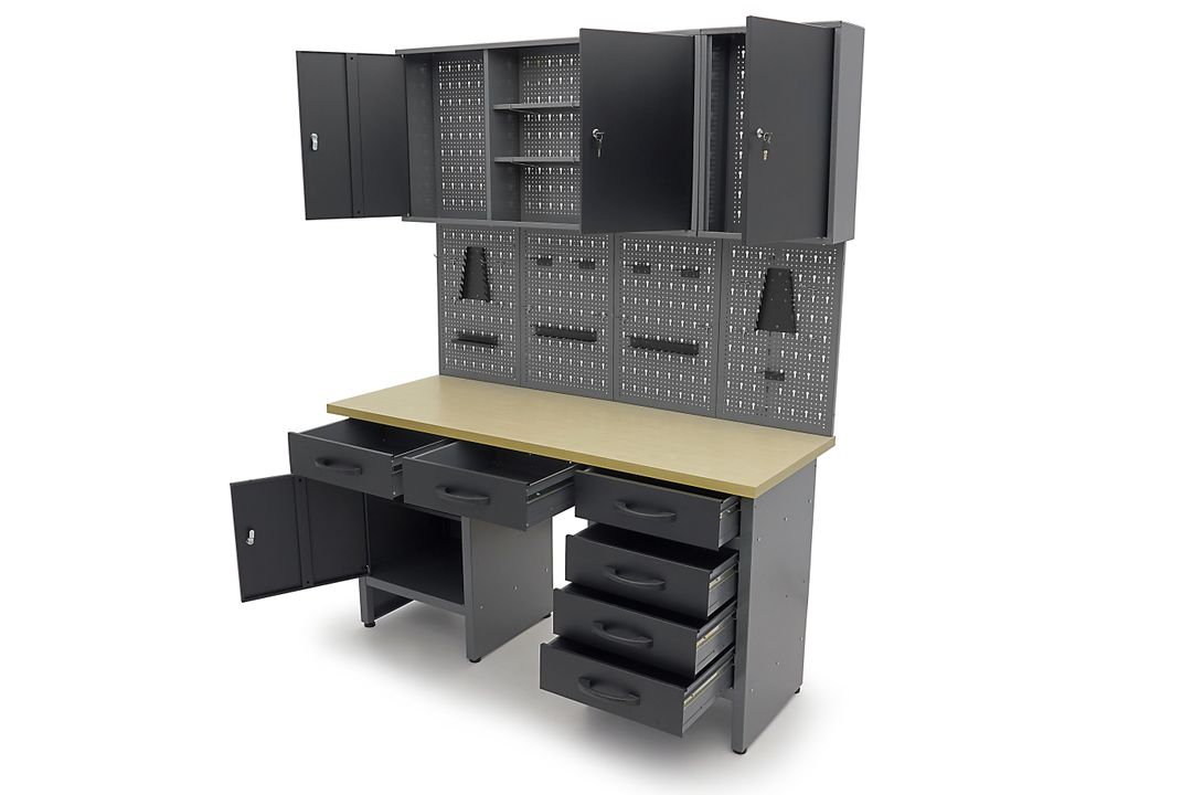 Dielenský pracovný stôl so 6 zásuvkami, panelom na náradie a skrinkami, 160cm, HBM