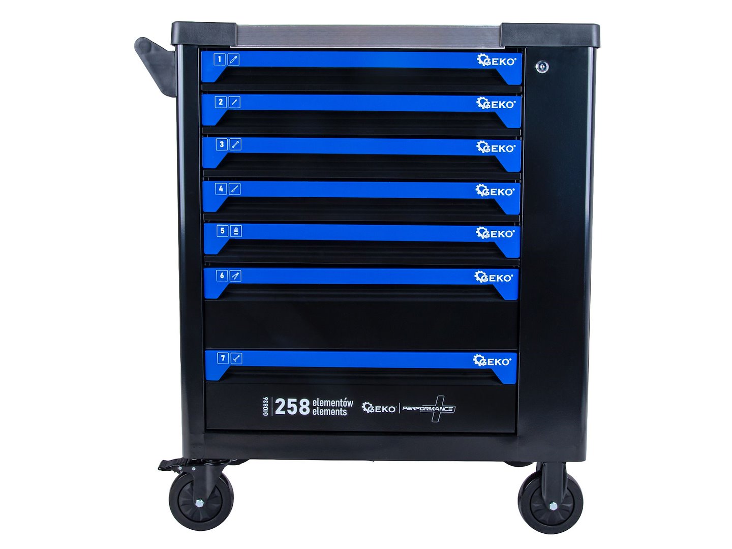 Dielenský vozík s náradím, 7 zásuviek, 258ks, 7 vložiek carbon, Geko