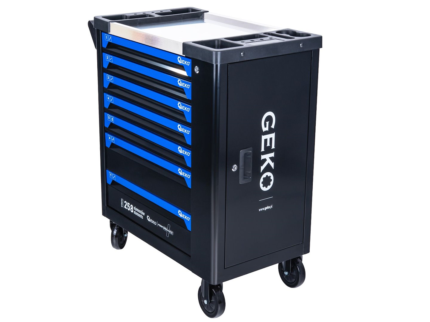 Dielenský vozík s náradím, 7 zásuviek, 258ks, 7 vložiek carbon, Geko