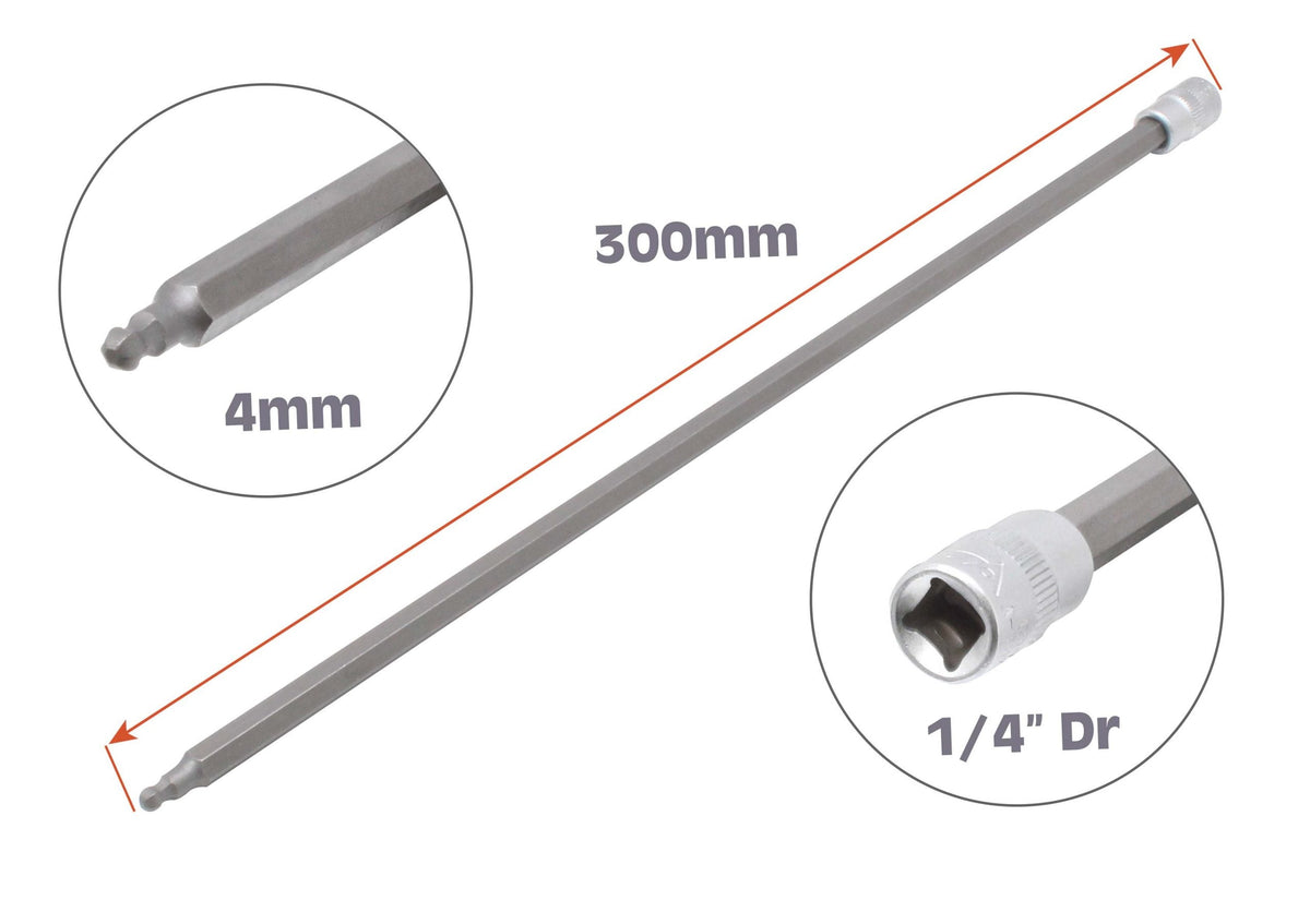 Dlhá nástrčná hlavica s bitom - kľúč s guľou 4mm 1/4'' 300mm na montáž/demontáž snímača PMS VW Audi VAG dieselové motory 2.0