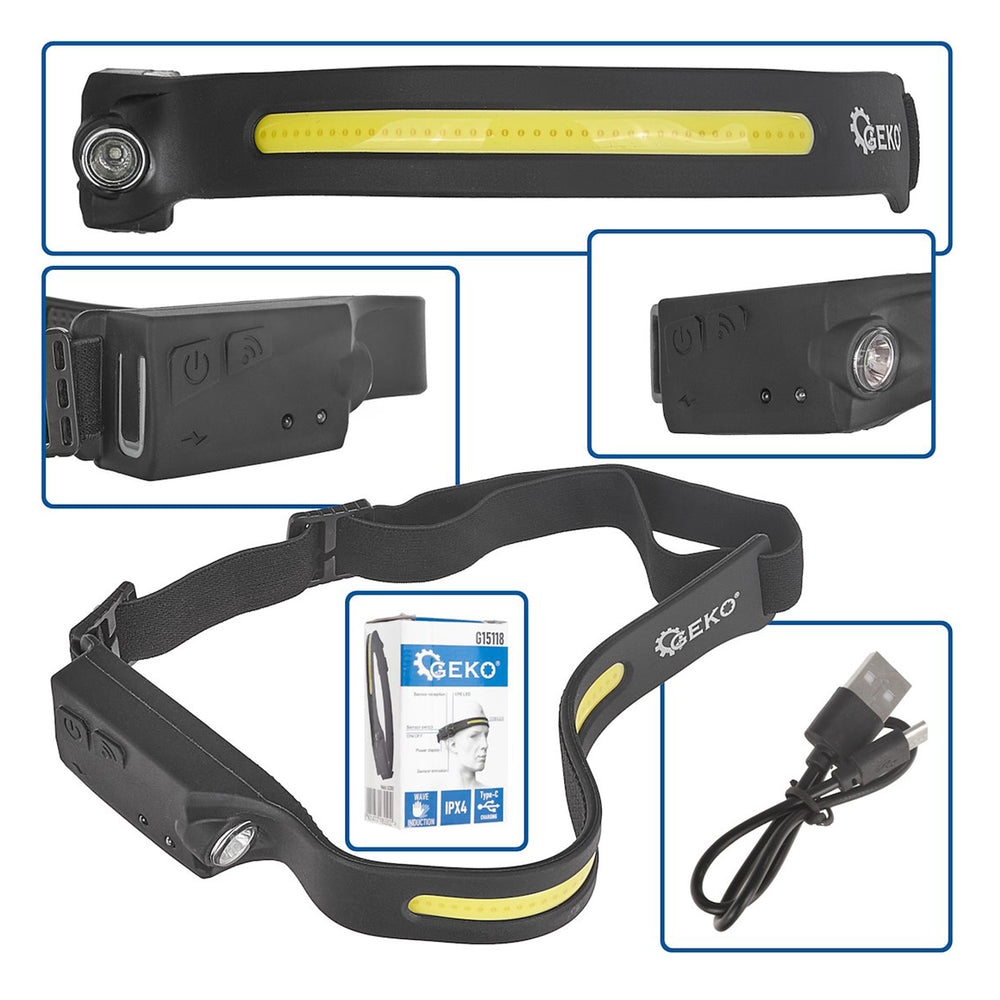 Čelovka COB LED s akumulátorom a pohybový senzorom, vodeodolná, 3W, Geko