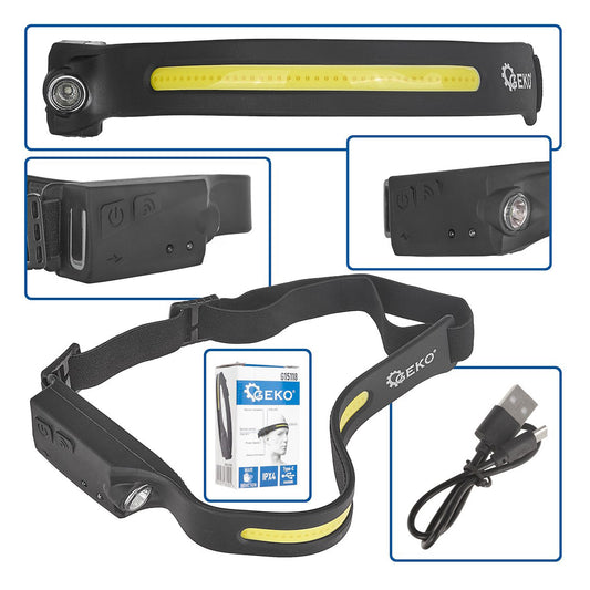 Čelovka COB LED s akumulátorom a pohybový senzorom, vodeodolná, 3W, Geko