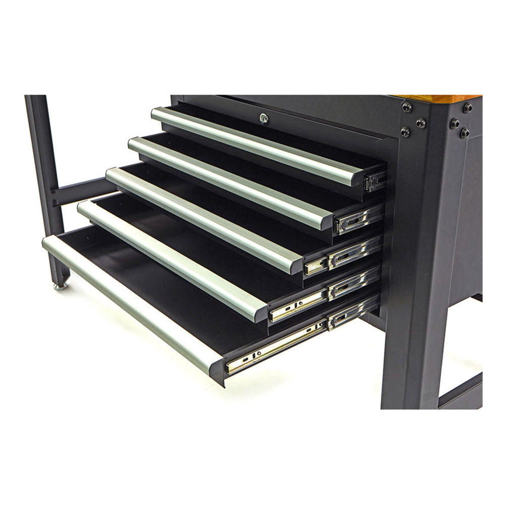 Profesionálny kovový pracovný stôl s 5 zásuvkami a drevenou pracovnou doskou, 155cm