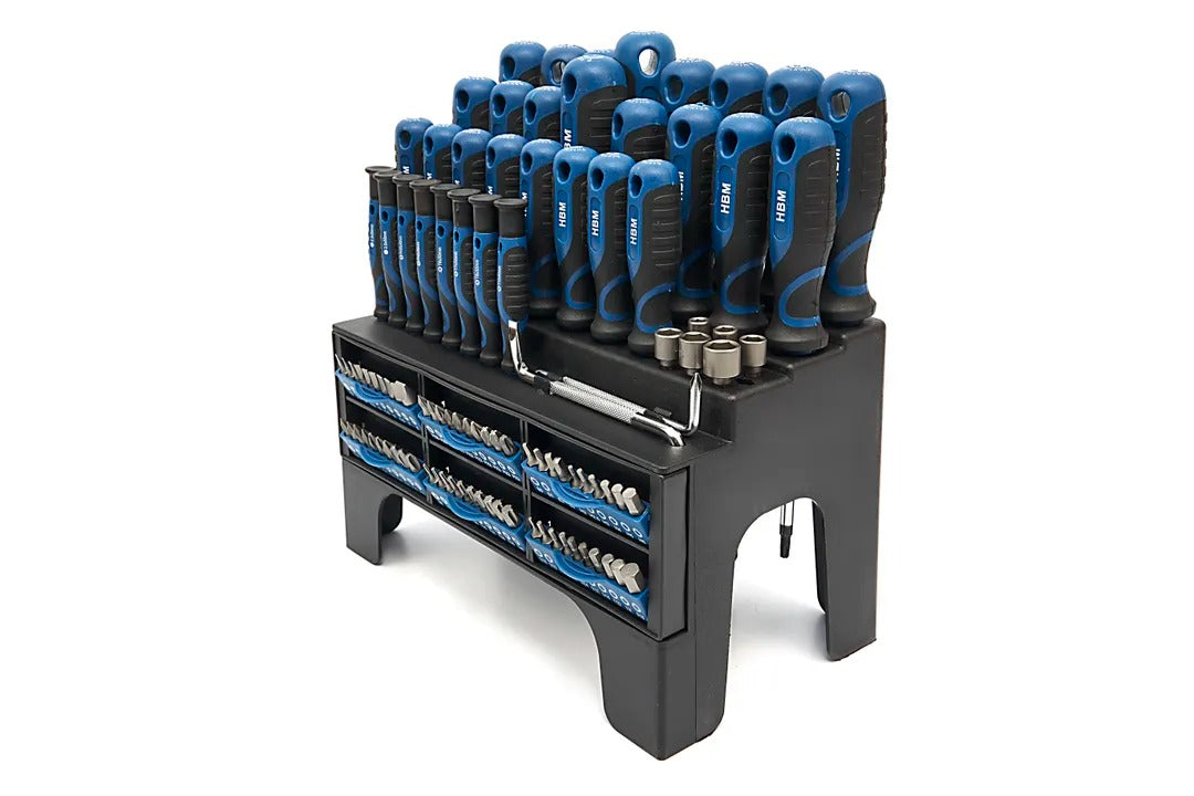 Sada náradia 100 kusov: skrutkovače, bity, nástrčné kľúče, stojanový držiak, oceľ Cr-V, soft grip rukoväť, HBM Holandsko