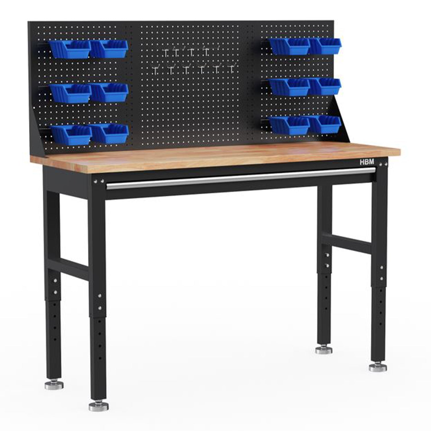 Výškovo nastaviteľný pracovný stôl s drevenou doskou, 1 zásuvkou a panelom na náradie 152cm