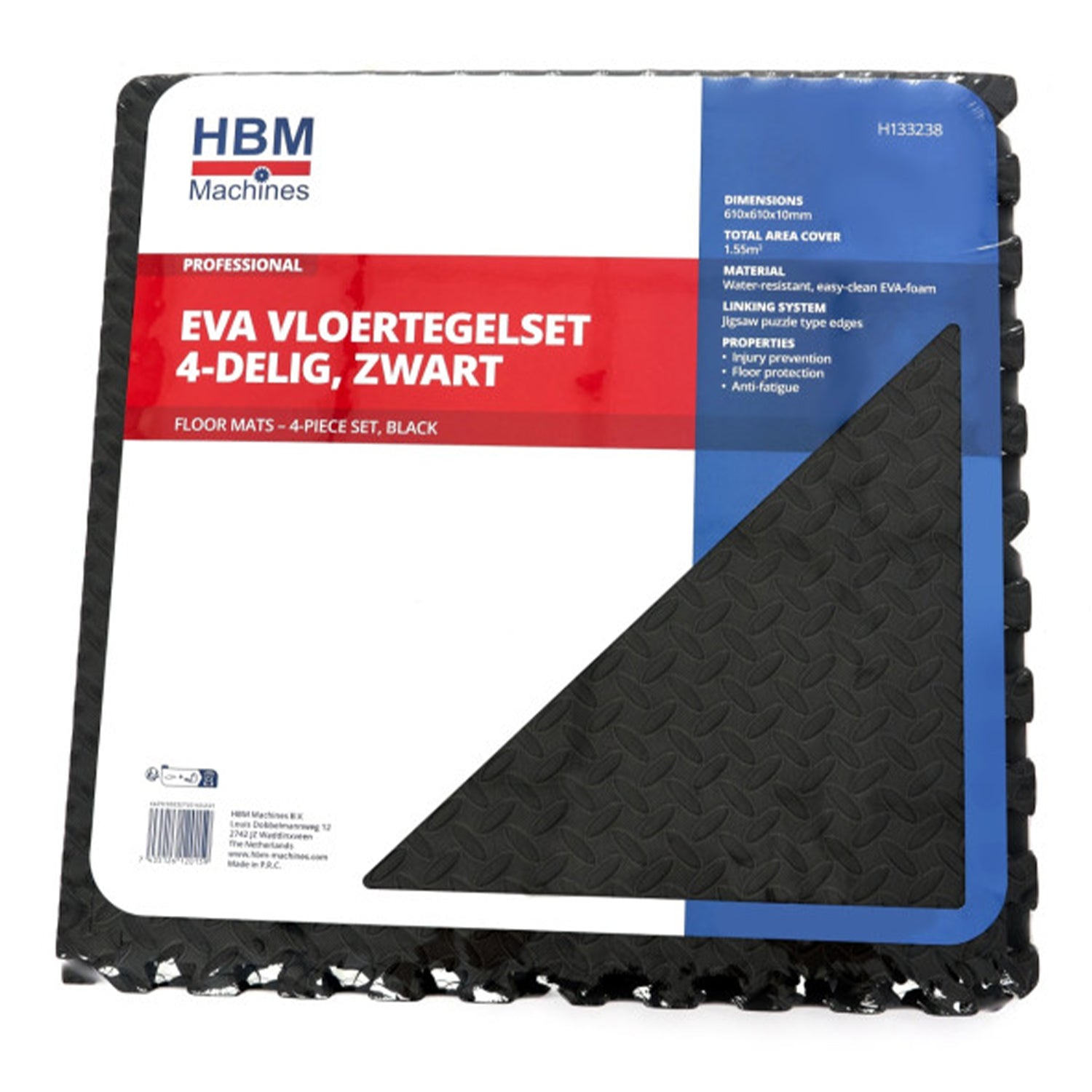 Súprava 4 ochranných podložiek z eva peny, puzzle typ, protišmykové, čierne, 61x61 cm hbm machines