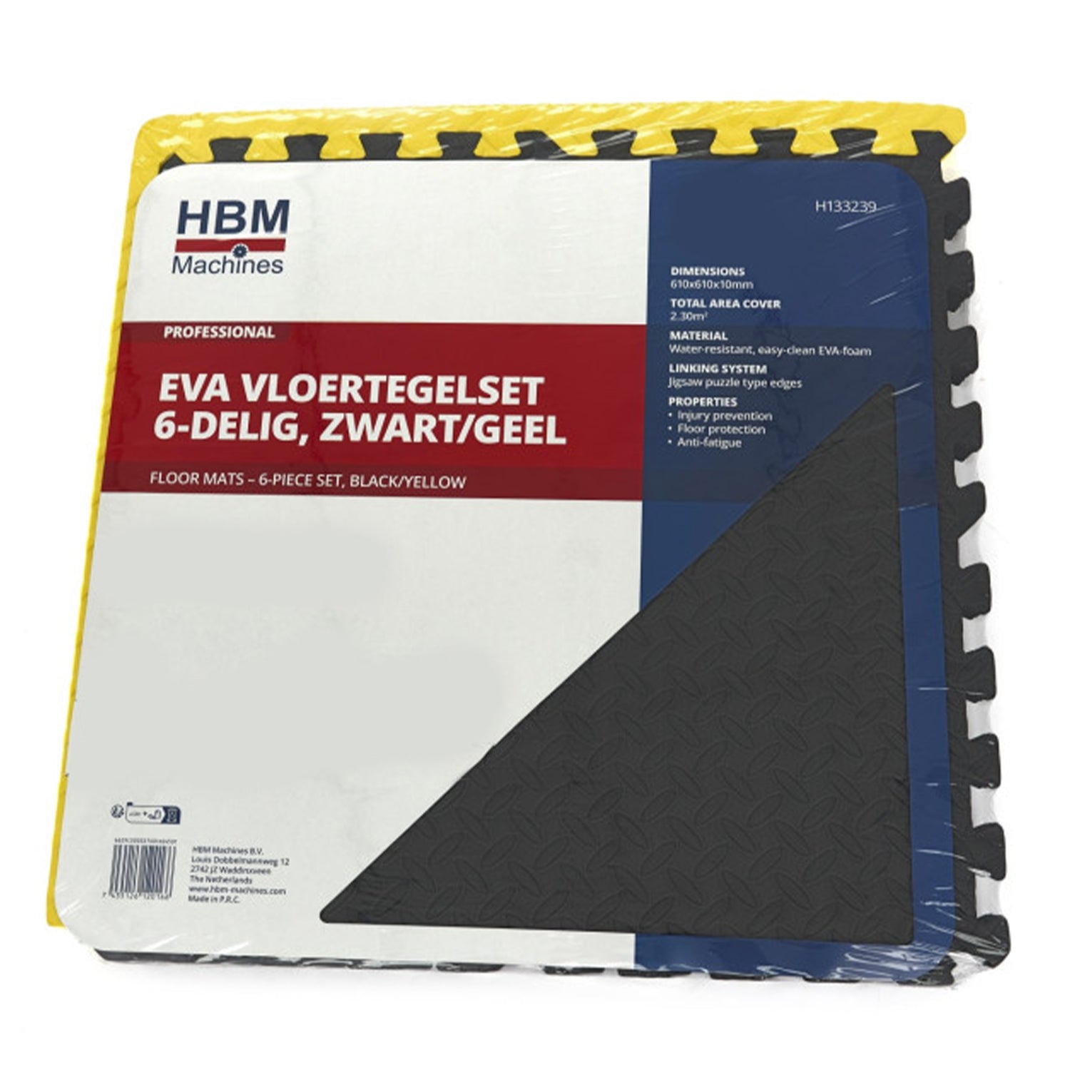 Ochranná podložka puzzle z EVA peny, 6ks, protišmyková, čierno-žltá, 61 x 61cm HBM Machines