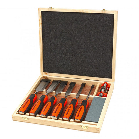 Sada 8 profesionálnych sekáčov do dreva s brúsnym kameňom a prípravkom na brúsenie
