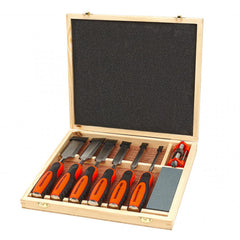 Sada 8 profesionálnych sekáčov do dreva s brúsnym kameňom a prípravkom na brúsenie