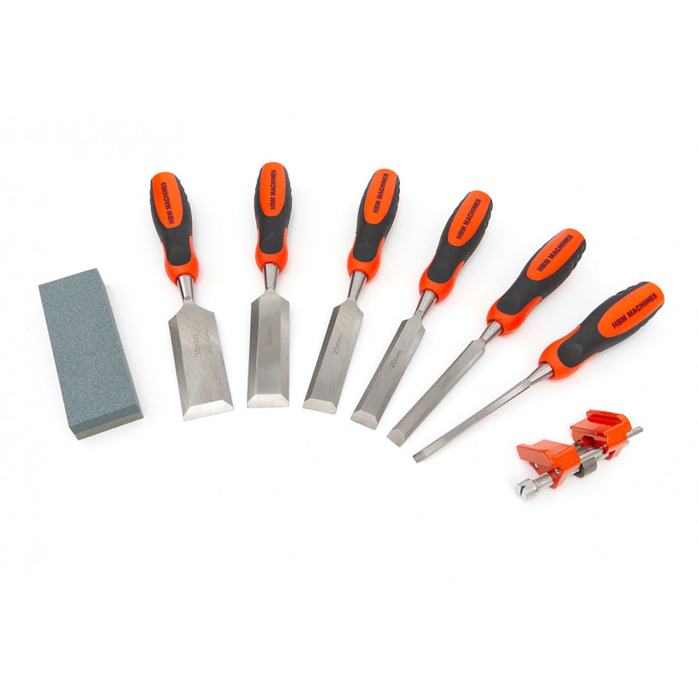 Sada 8 profesionálnych sekáčov do dreva s brúsnym kameňom a prípravkom na brúsenie