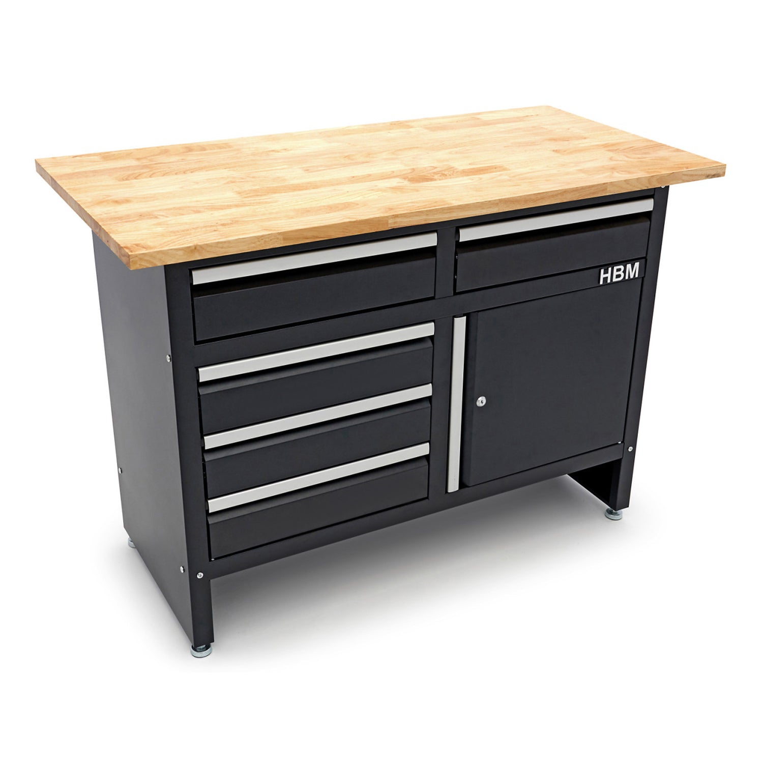 Dielenský pracovný stôl s drevenou doskou 120cm, s 5 zásuvkami, 1 dvierkami HBM