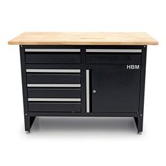 Dielenský pracovný stôl s drevenou doskou 120cm, s 5 zásuvkami, 1 dvierkami HBM