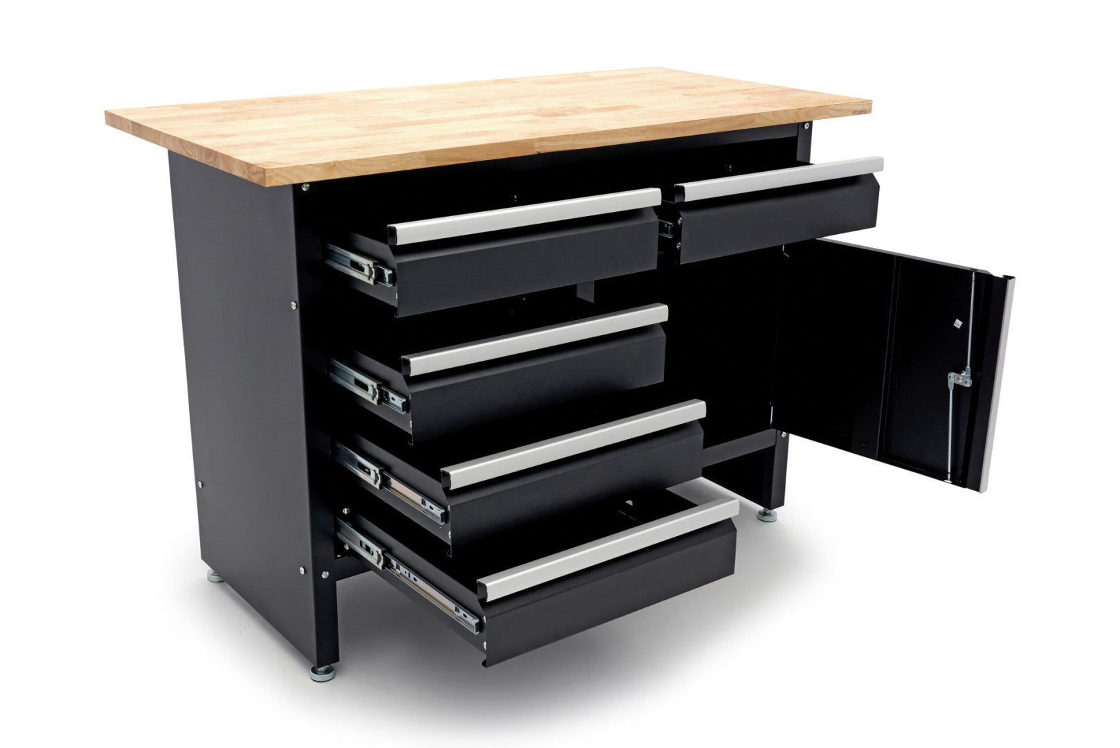 Dielenský pracovný stôl s drevenou doskou 120cm, s 5 zásuvkami, 1 dvierkami HBM