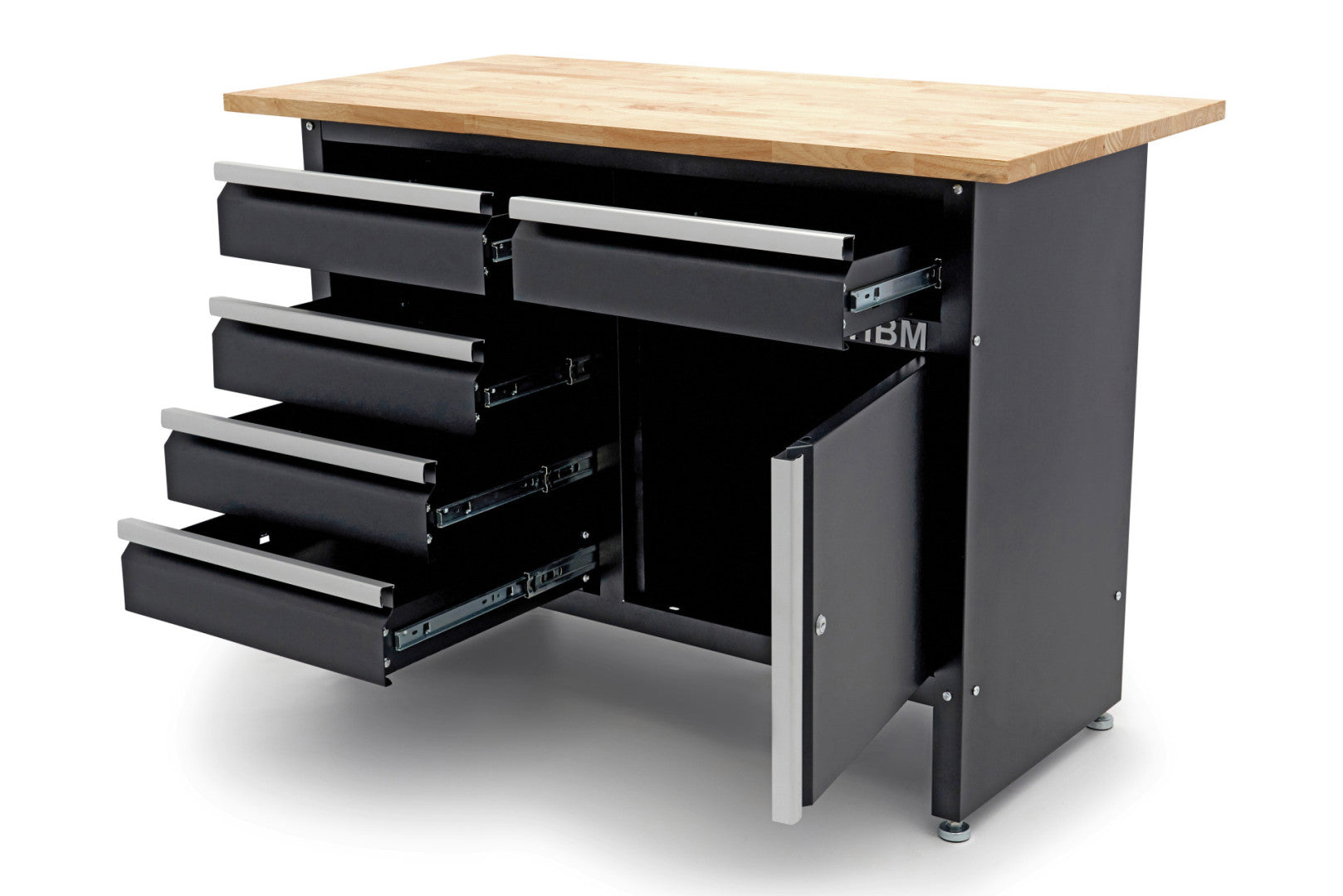 Dielenský pracovný stôl s drevenou doskou 120cm, s 5 zásuvkami, 1 dvierkami HBM