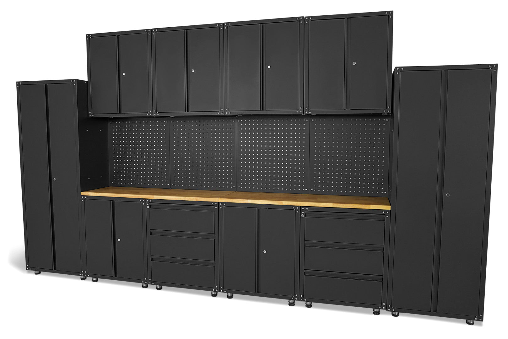 Modulárny kovový nábytok do dielne, prémiová zostava s pracovným stolom 236,5 x 402 x 48,2cm, matná čierna, 16 dielov HBM Machines