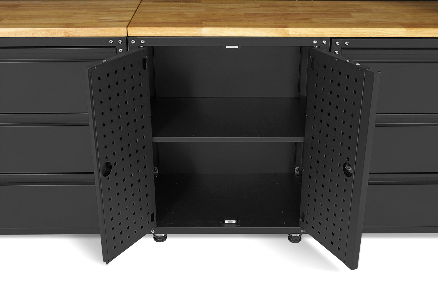 Modulárny kovový nábytok do dielne, prémiová zostava s pracovným stolom 236,5 x 402 x 48,2cm, matná čierna, 16 dielov HBM Machines