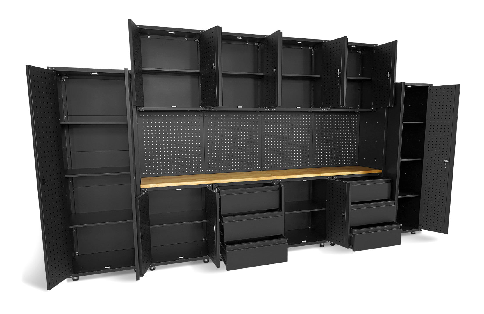 Modulárny kovový nábytok do dielne, prémiová zostava s pracovným stolom 236,5 x 402 x 48,2cm, matná čierna, 16 dielov HBM Machines