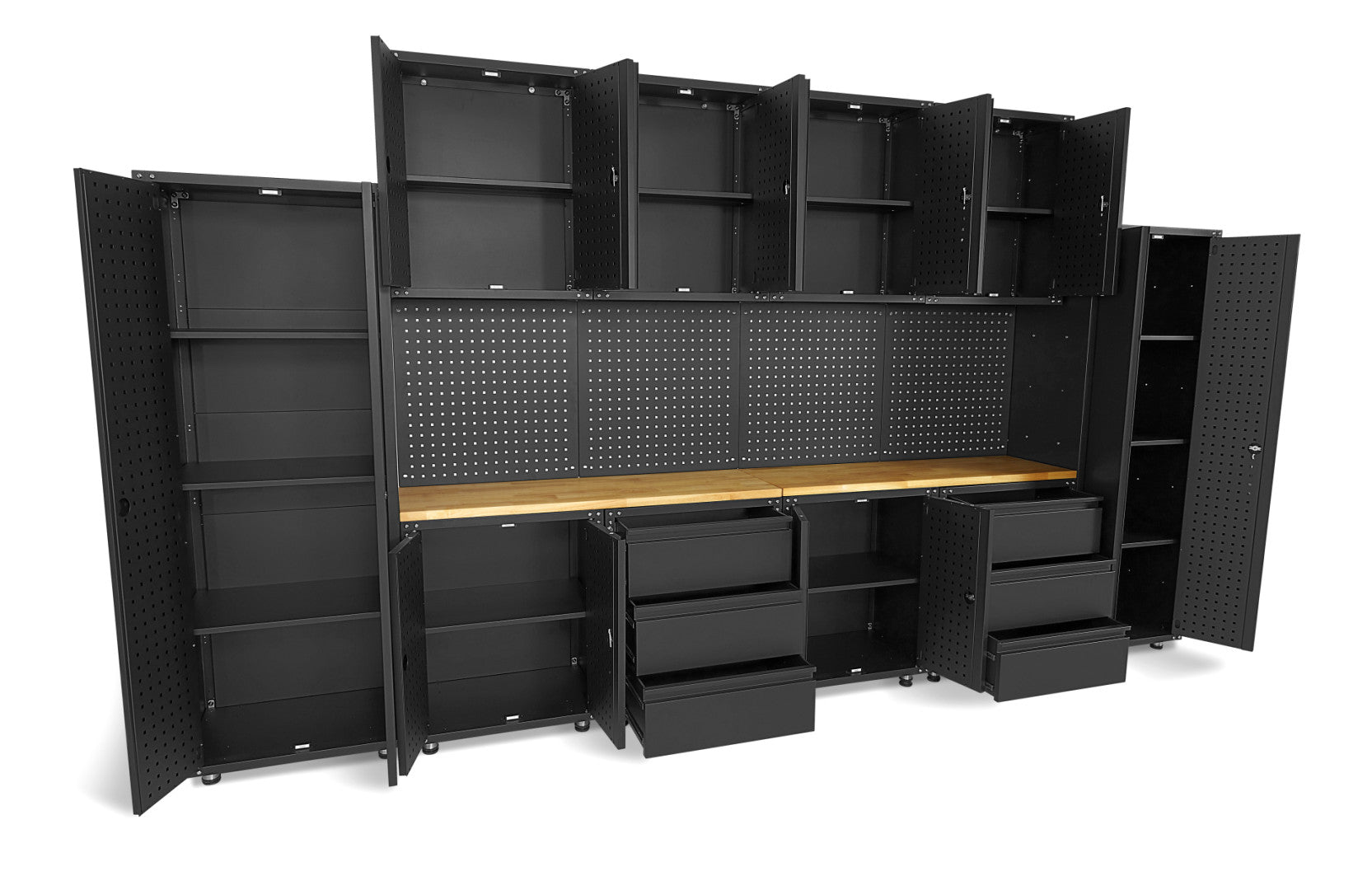 Modulárny kovový nábytok do dielne, prémiová zostava s pracovným stolom 236,5 x 402 x 48,2cm, matná čierna, 16 dielov HBM Machines