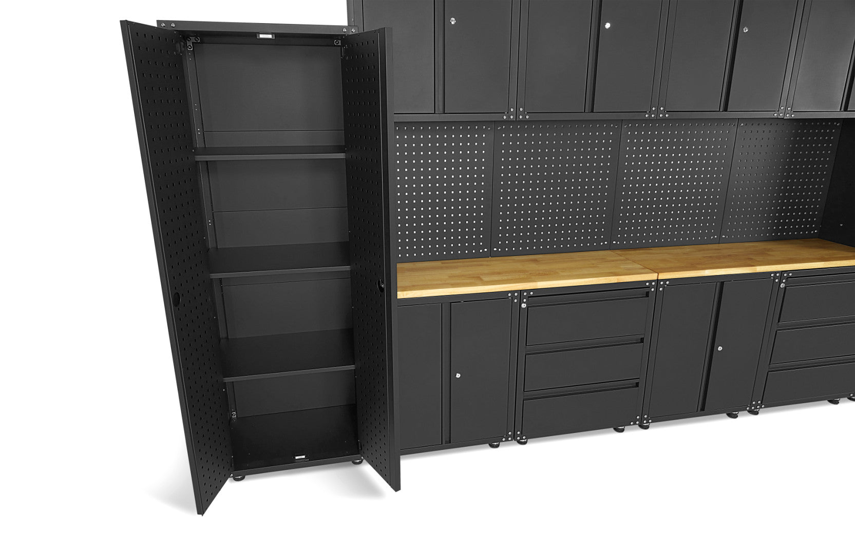 Modulárny kovový nábytok do dielne, prémiová zostava s pracovným stolom 236,5 x 402 x 48,2cm, matná čierna, 16 dielov HBM Machines