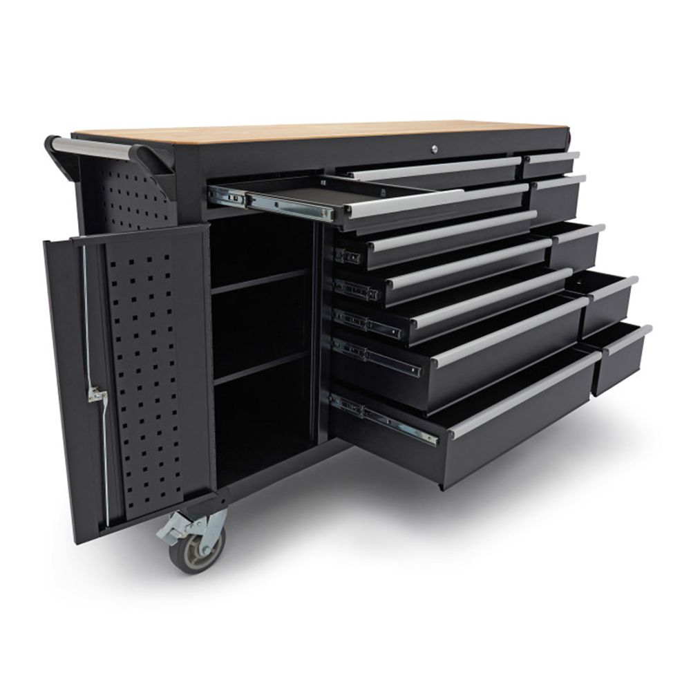 Pojazdný pracovný stôl s 13 zásuvkami a drevenou pracovnou doskou, 168cm HBM