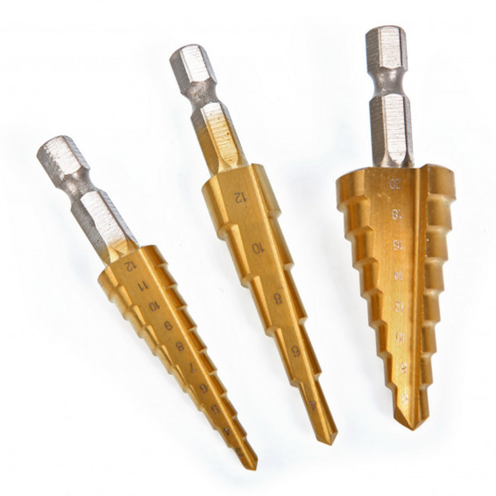 Sada 3 stupňovitých vrtákov HSS s hexagonálnym úchytom