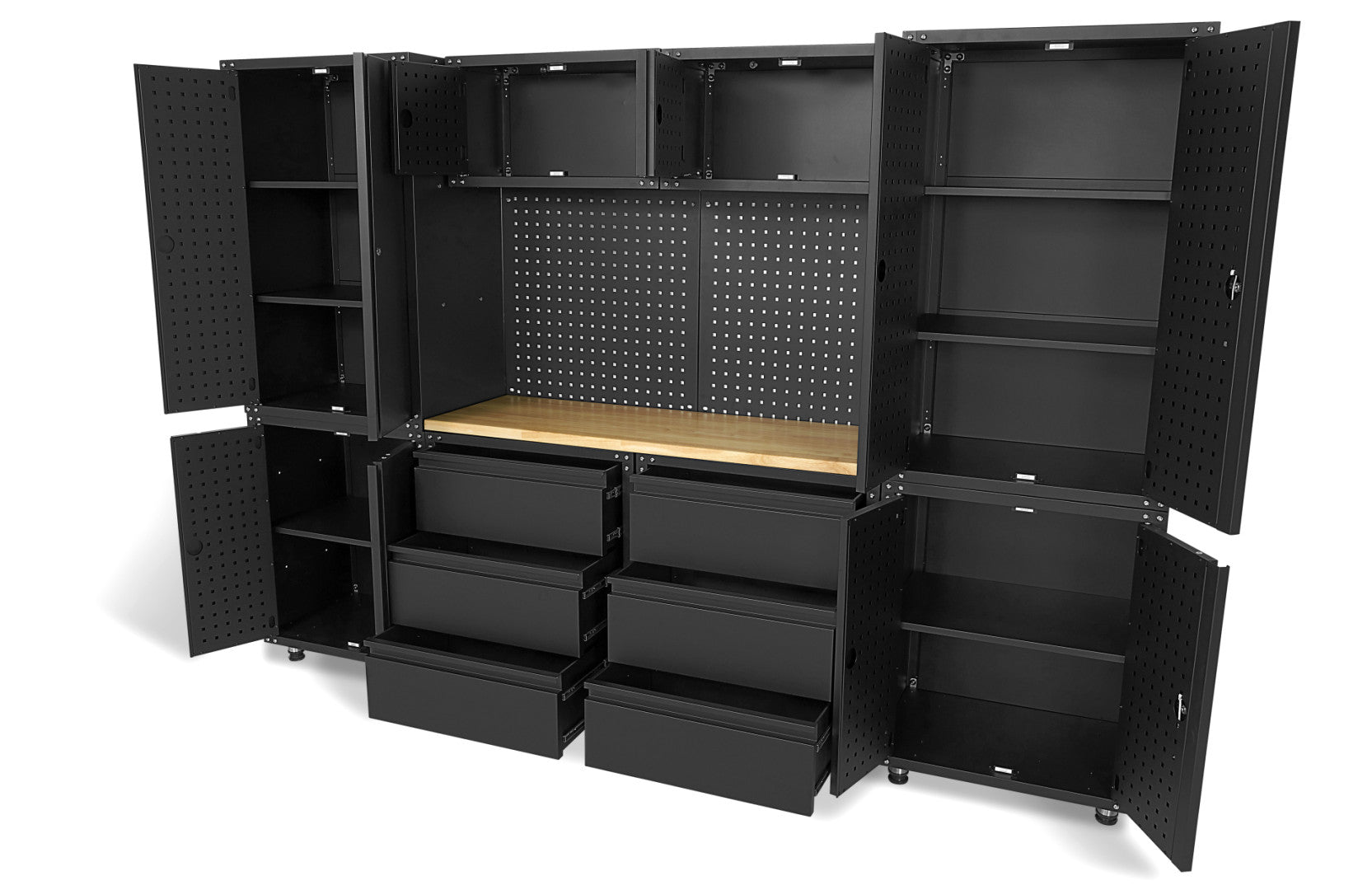 Premium zostava dielenského nábytku, kovová, 11 dielov, matná čierna, 187,5 x 268,5 x 48,2cm, HBM Machines