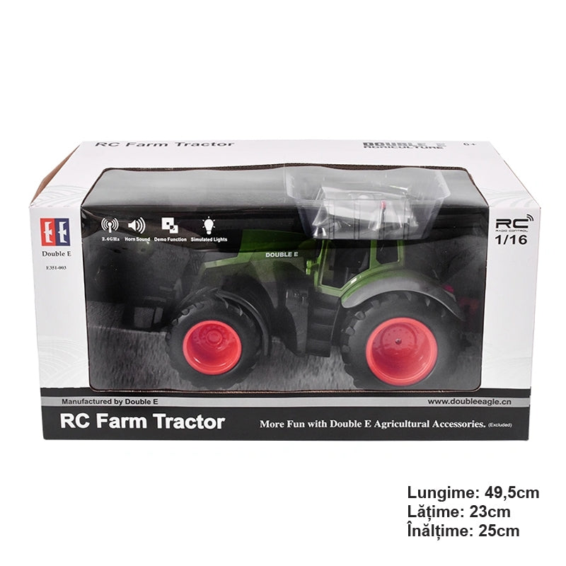 Hračkársky traktor na diaľkové ovládanie doubleE RC 1:16 2,4GHz, svetlá, zvuky, dosah 25m, rýchlosť 2,16km/h