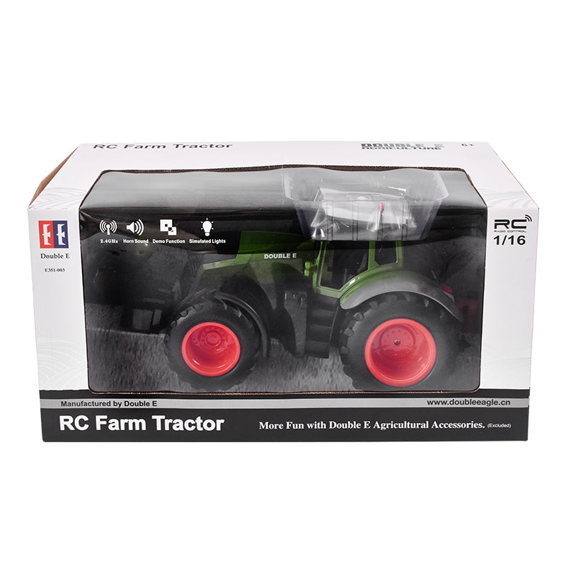Hračkársky traktor na diaľkové ovládanie doubleE RC 1:16 2,4GHz, svetlá, zvuky, dosah 25m, rýchlosť 2,16km/h