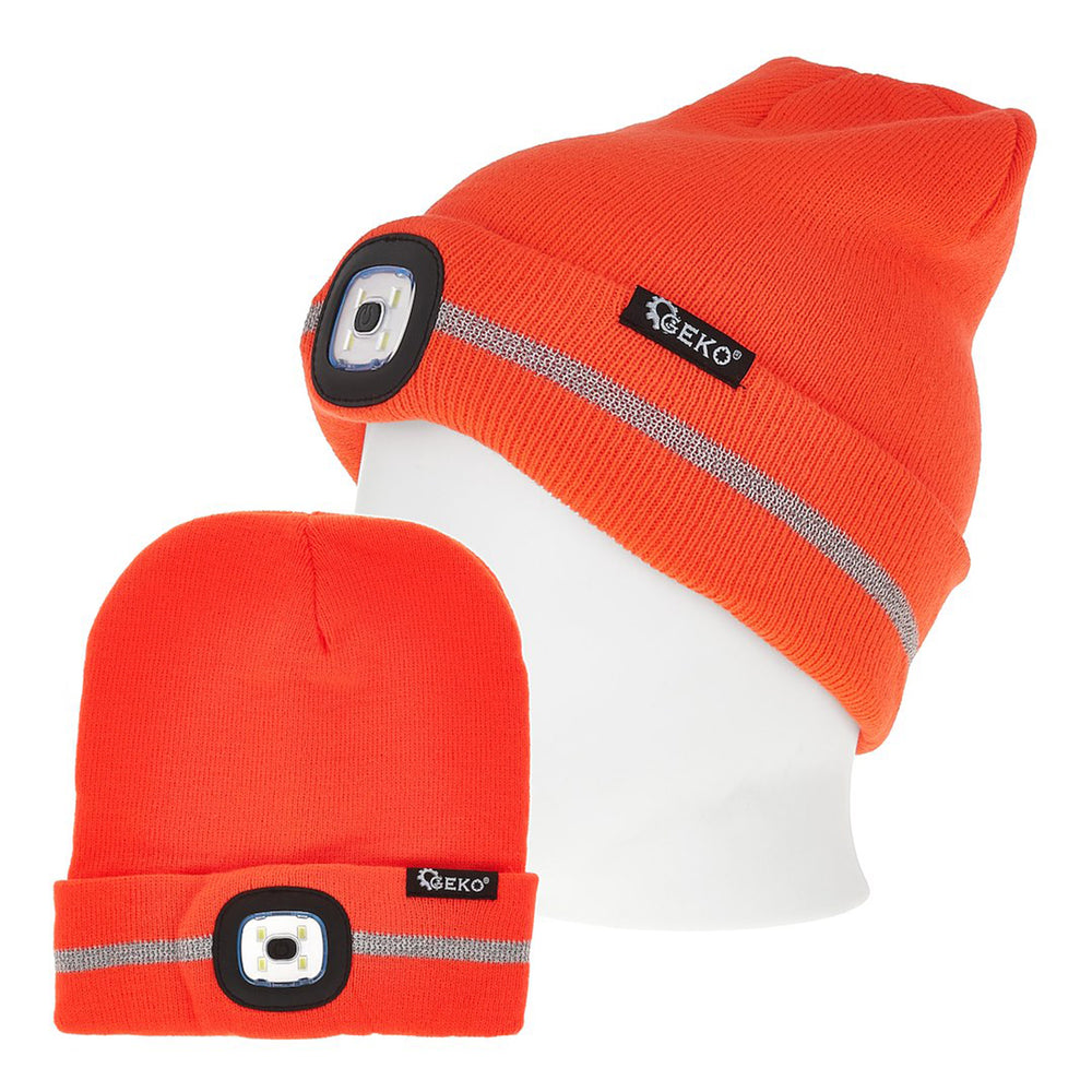 Čiapka s nabíjateľnou LED čelovkou a reflexným pásom, oranžová