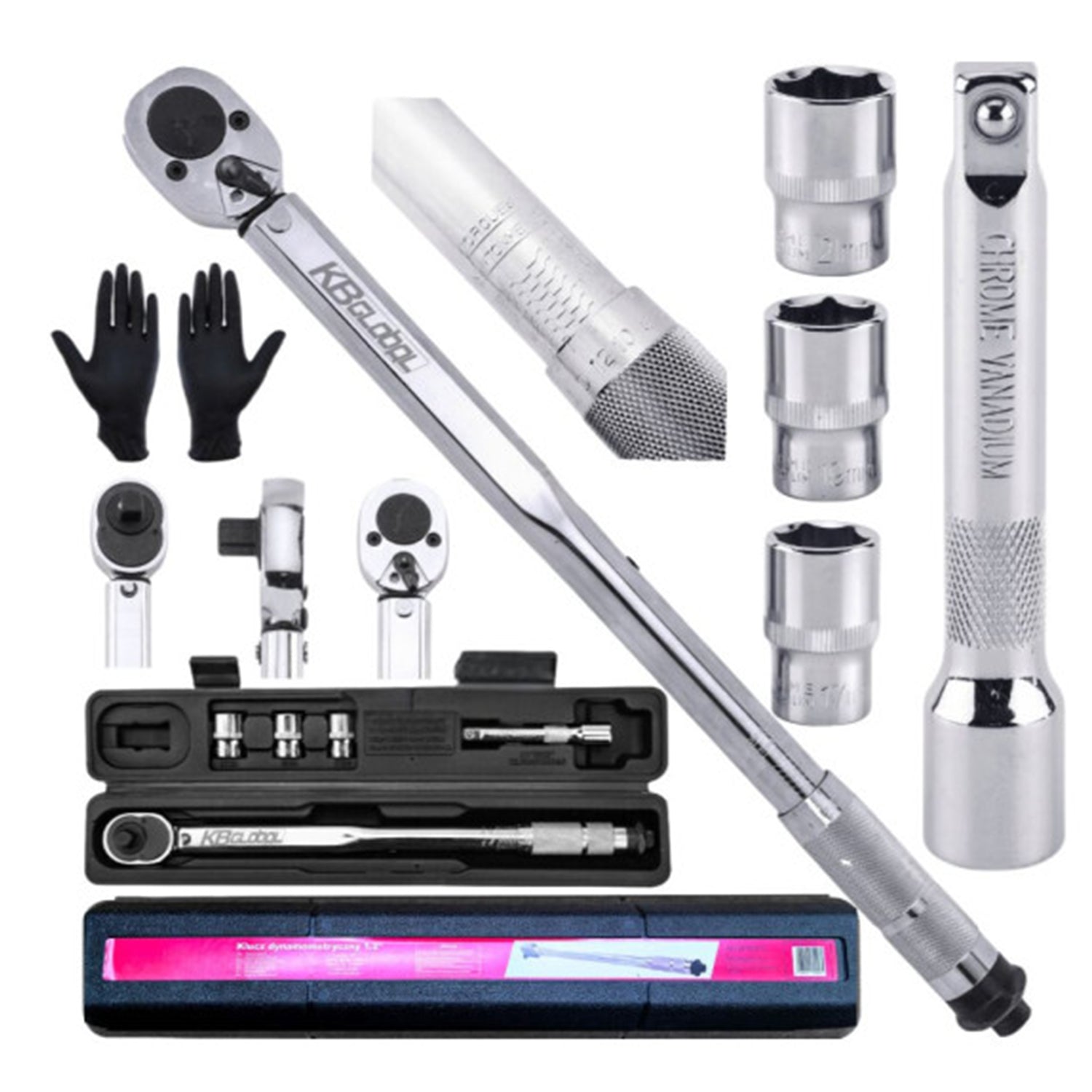 Sada momentového kľúča 1/2 5 kusov 28-210 nm, nástrčné hlavice 17-19-21 mm, nadstavec 1/2 kb global