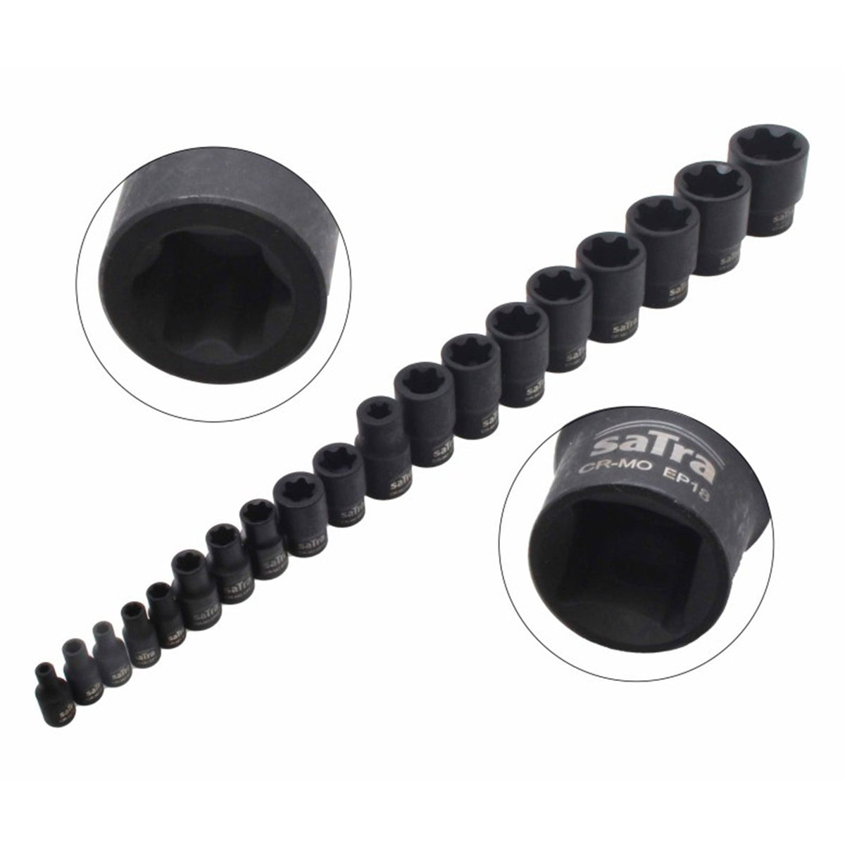 Sada rázových hlavíc E-Torx Plus EP4 - EP32, 19ks Satra